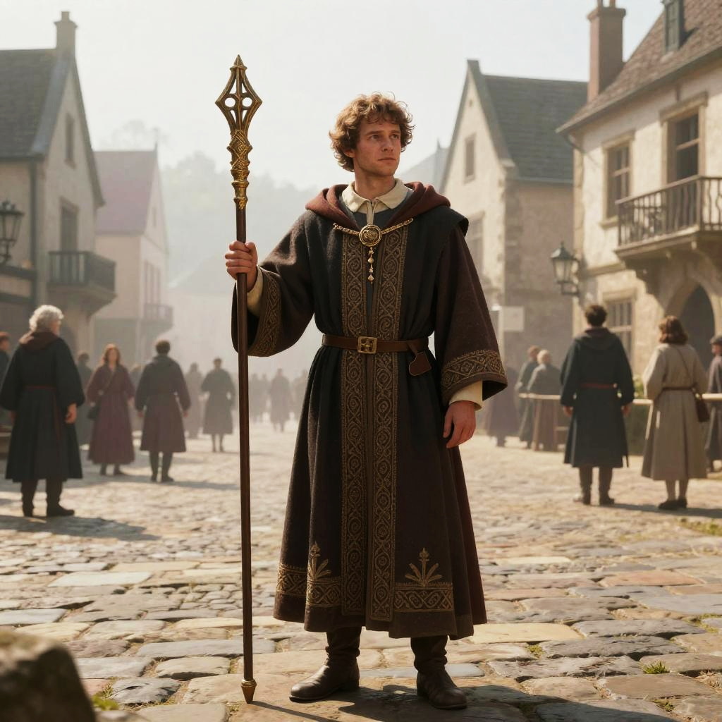Medieval Fantasy Young Man with Staff on Cobblestone Street