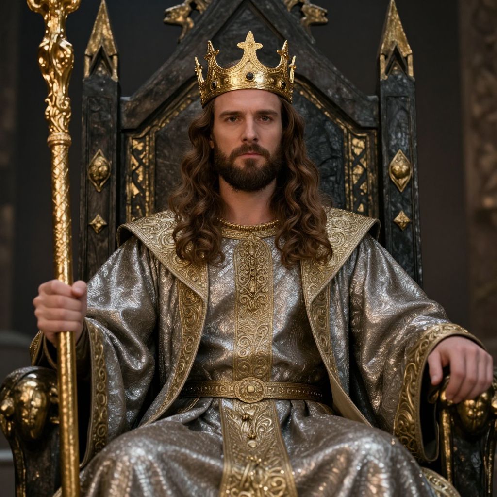 Medieval King in Ornate Silver and Gold Robe with Crown and Scepter