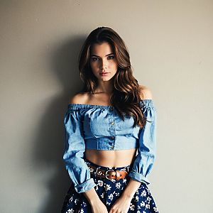 Young Woman in Blue Off-Shoulder Top and Floral Skirt