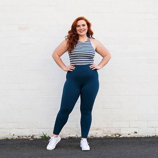 Confident Red-Haired Woman in Striped Top and Teal Leggings by White Brick Wall
