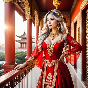 Elegant Woman in Red Gown on Balcony