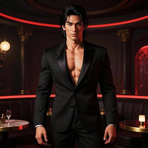 Confident Young Man in Black Suit Jacket with Edgy Gen Z Style in Neon Lounge