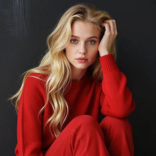 Blonde Woman in Red Knit Sweater and Pants Portrait