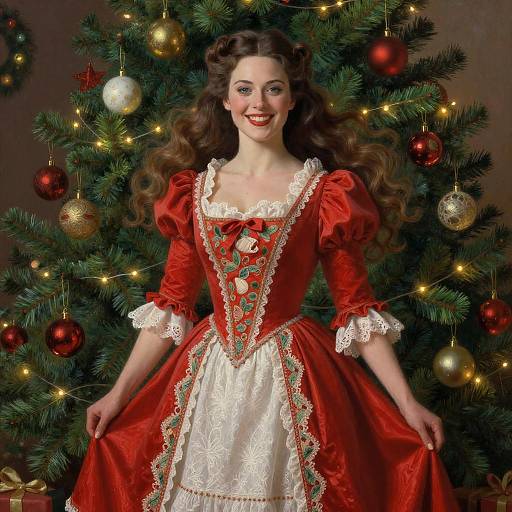 Festive Woman in Vintage Red Dress Posing by Christmas Tree