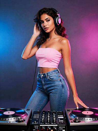 Young Woman DJing with Turntables Wearing Pink Headphones and Tube Top
