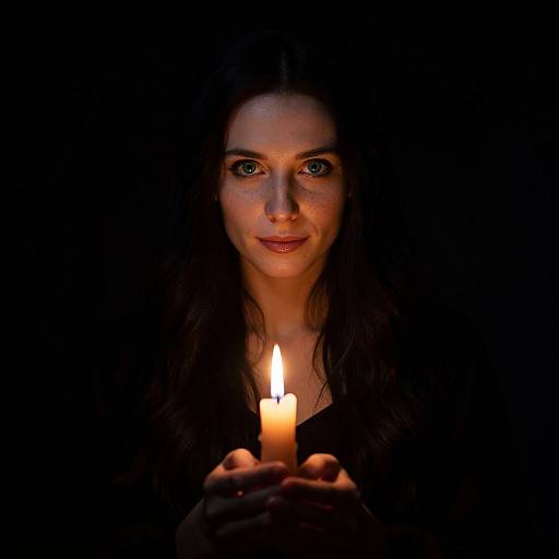 Woman Holding Lit Candle in Dark Background