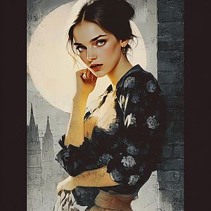 Stylized Portrait of Woman in Floral Blouse with Artistic Background