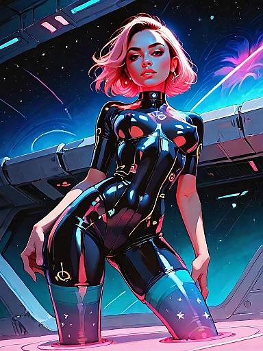 Cyberpunk Woman in Glossy Black Bodysuit Sci-Fi Digital Art
