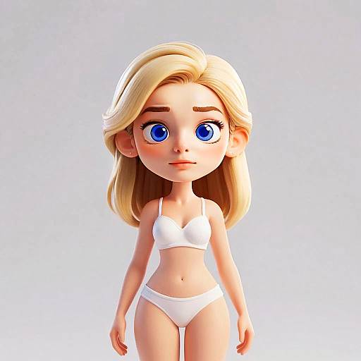 3D Cartoon Style Blonde Woman with Blue Eyes in White Underwear