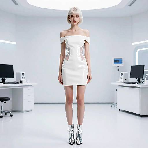 Gen Z Fashion Woman in Futuristic White Dress and Silver Boots in Laboratory