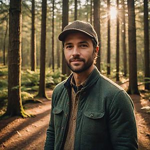 Man in Green Jacket in Sunlit Forest