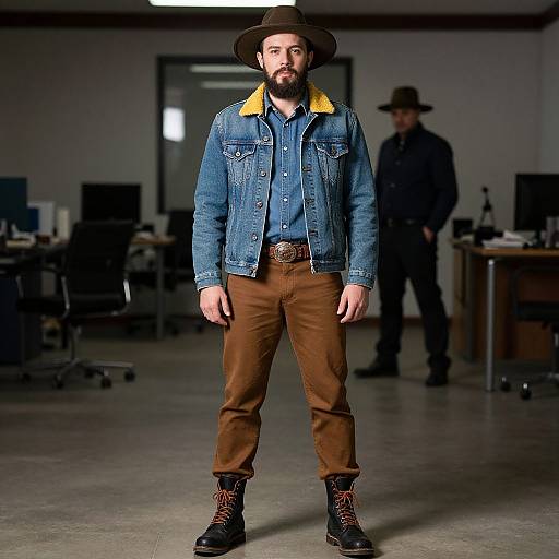 Bearded Man in Denim Jacket and Cowboy Hat Standing in Office