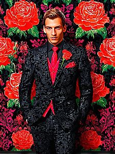 Confident Man in Black Suit with Floral Patterns