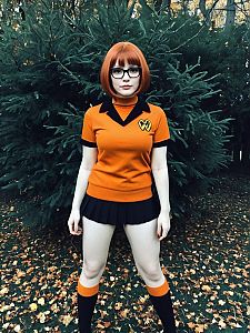 Confident woman with red hair in stylish orange outfit outdoors