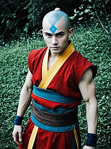 Realistic Man Cosplaying Aang Costume from Avatar The Last Airbender