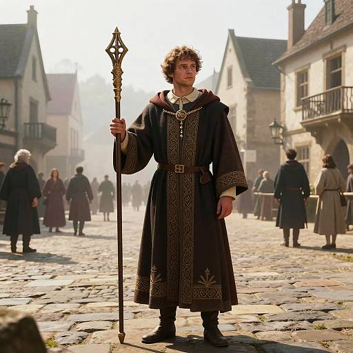 Medieval Fantasy Young Man with Staff on Cobblestone Street