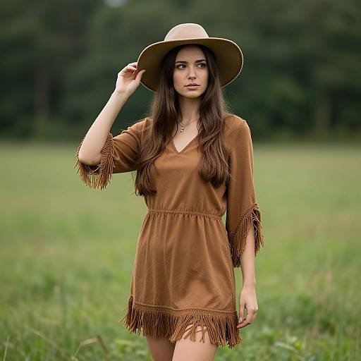 Bohemian Woman in Brown Fringed Dress and Hat in Nature