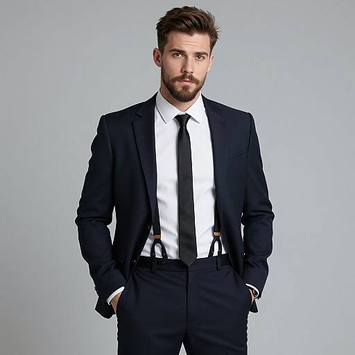 Confident Man in Dark Navy Suit with Suspenders and Black Tie