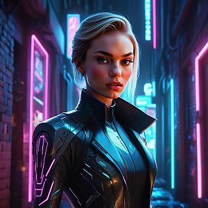 Confident Woman in Cyberpunk Alley
