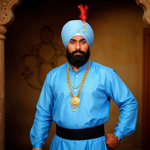 Traditional Sikh Man Wearing Blue Turban and Gold Jewelry