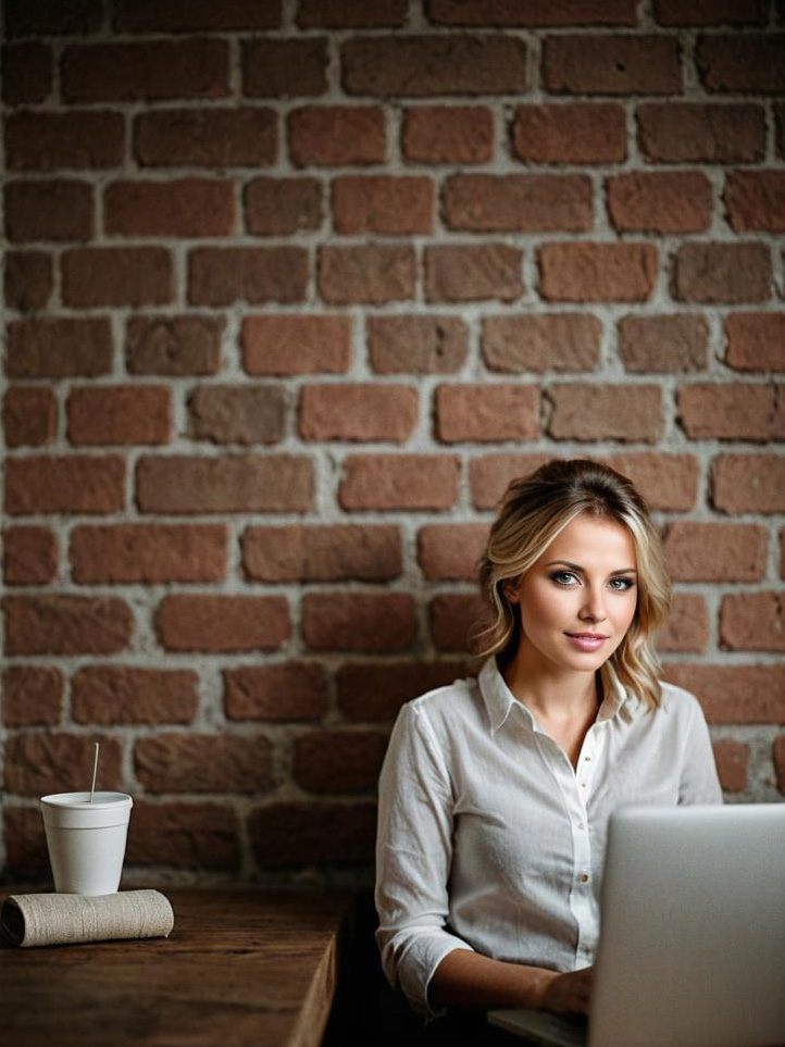 Stylish Young Woman Working on Laptop at Rustic Table