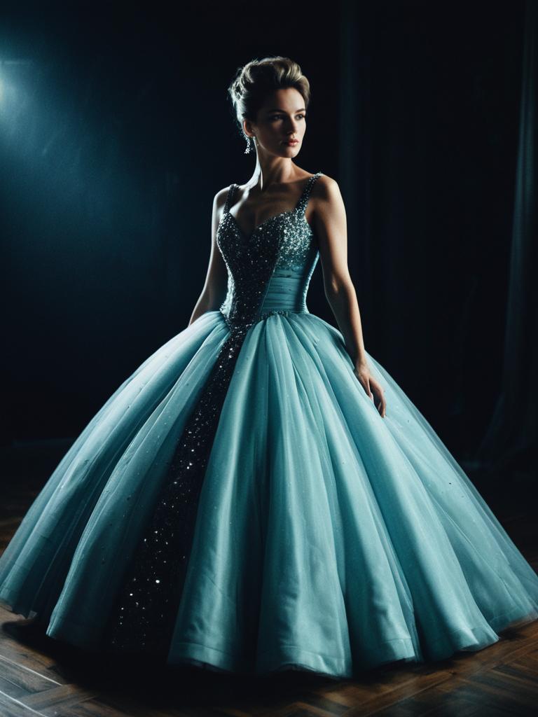 Glamorous Woman in Mini Ball Gown Cinematic Realism Portrait
