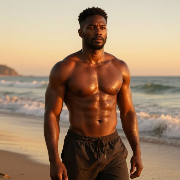 Muscular Man Standing on Beach at Sunset with Ocean Waves