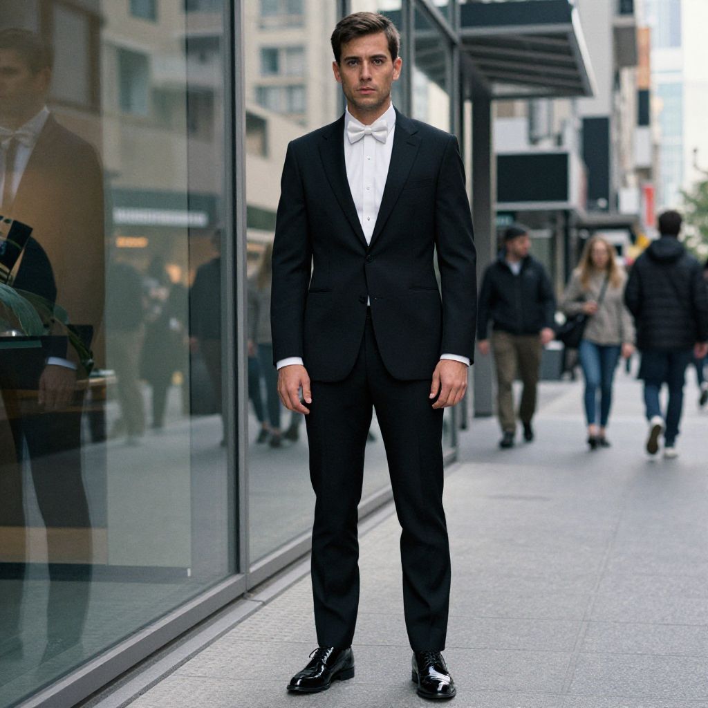 Man in Black Tuxedo with White Bow Tie Standing on City Sidewalk