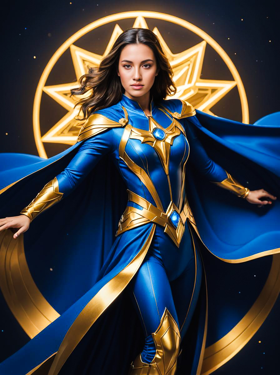 Powerful Woman in Blue and Gold Costume