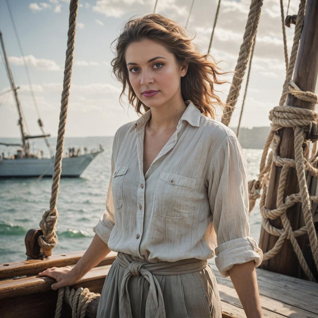 Contemplative Woman on Vintage Sailing Ship