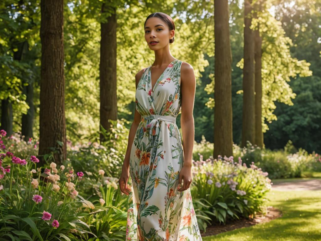 Elegant Woman in Floral Dress Inspired by Nefertiti in Lush Garden