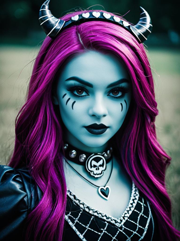 Woman in Monster High Inspired Costume Photorealistic Cosplay Portrait