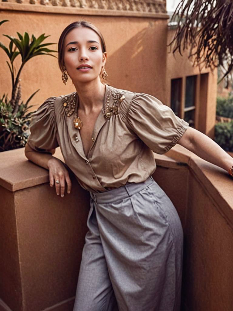 Stylish young woman in chic outfit against warm architecture