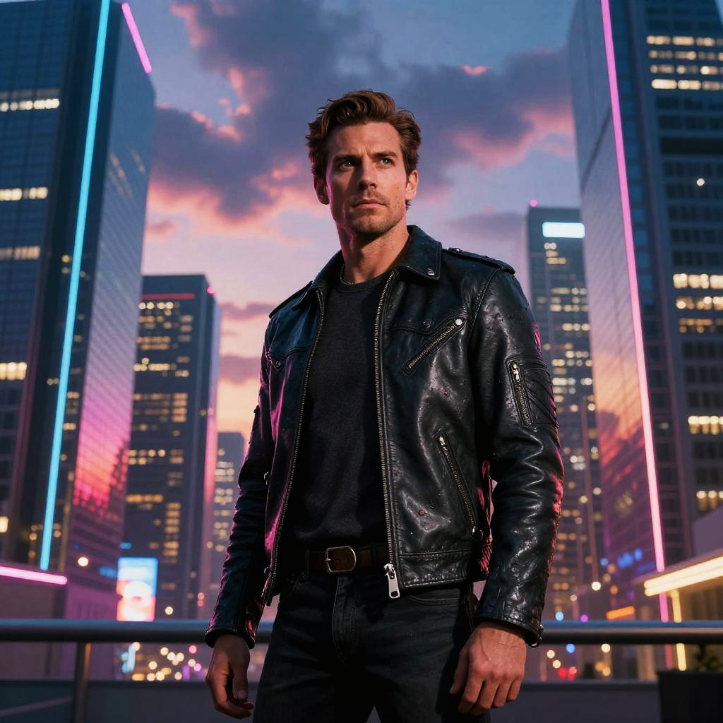Man in Black Leather Jacket Urban Neon Cityscape Evening