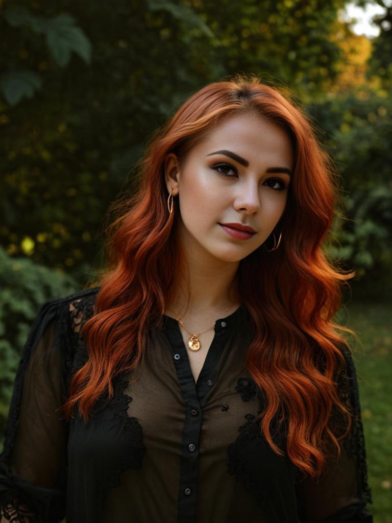 Elegant Woman with Wavy Red Hair in Lush Landscape