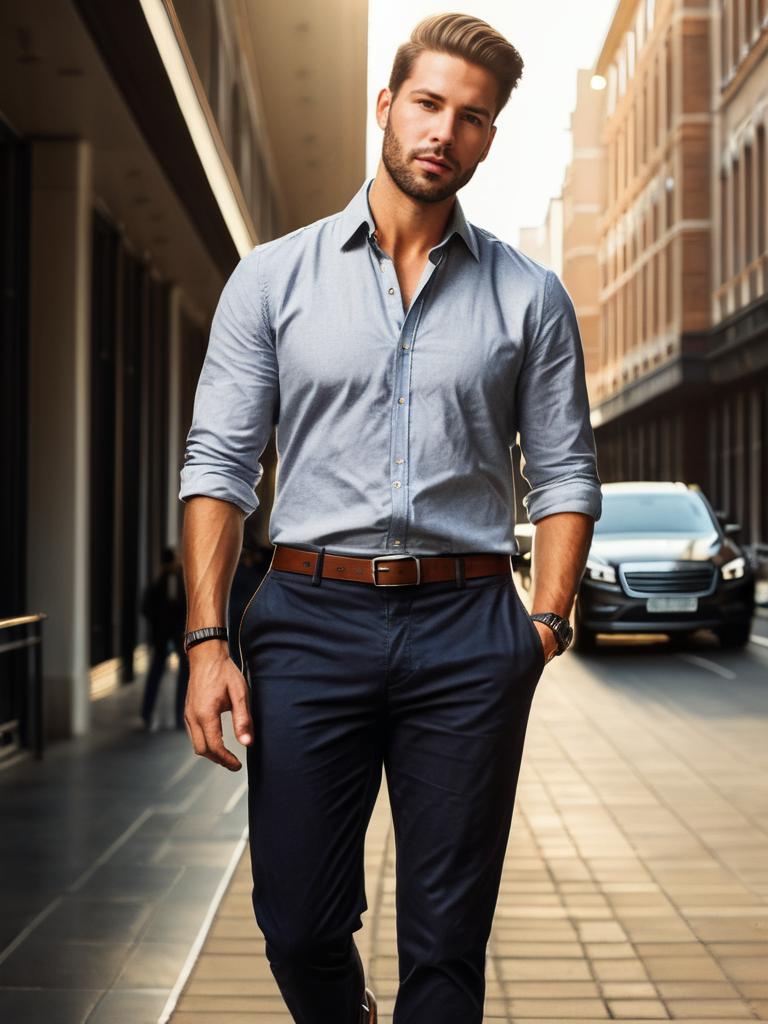 Man in Casual Office Outfit Walking on City Street Lifestyle Fashion Photo