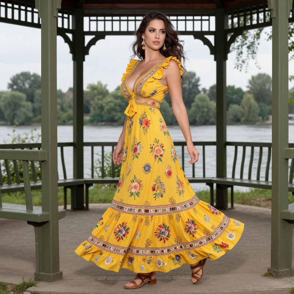 Bohemian Floral Yellow Maxi Dress Worn by Woman in Lakeside Gazebo
