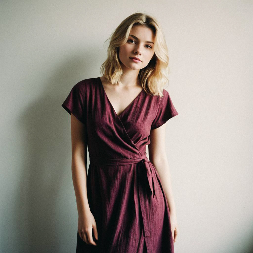 Young Woman in Burgundy Dress Against Light Wall Young Woman in Burgundy Dress Against Light Wall