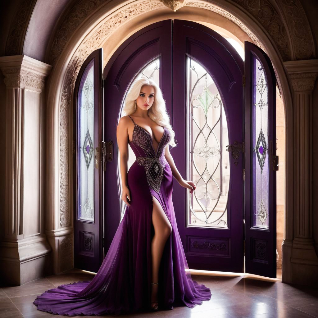 Elegant Woman in Purple Gown by Majestic Doors