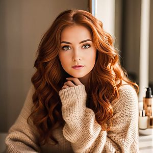 Young Woman with Red Hair in Cozy Sweater