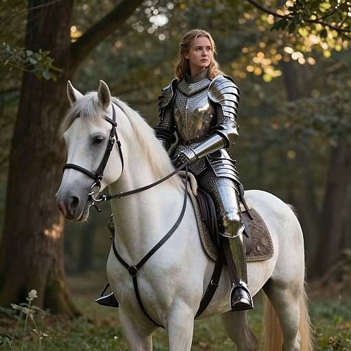 Woman in Medieval Armor on White Horse in Forest