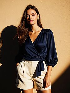 Elegant Woman in Navy Blue Satin Wrap Blouse with Cream Shorts