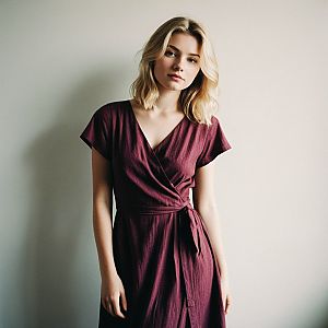 Young Woman in Burgundy Dress Against Light Wall