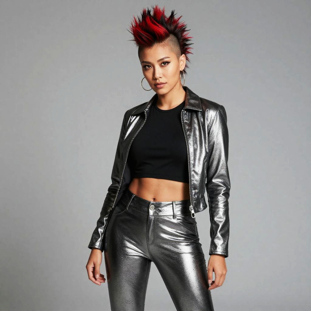 Gen Z Woman with Red Mohawk in Metallic Silver Leather Outfit