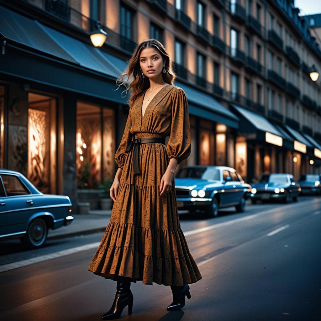 Fashionable Woman in Brown Dress on Urban Street