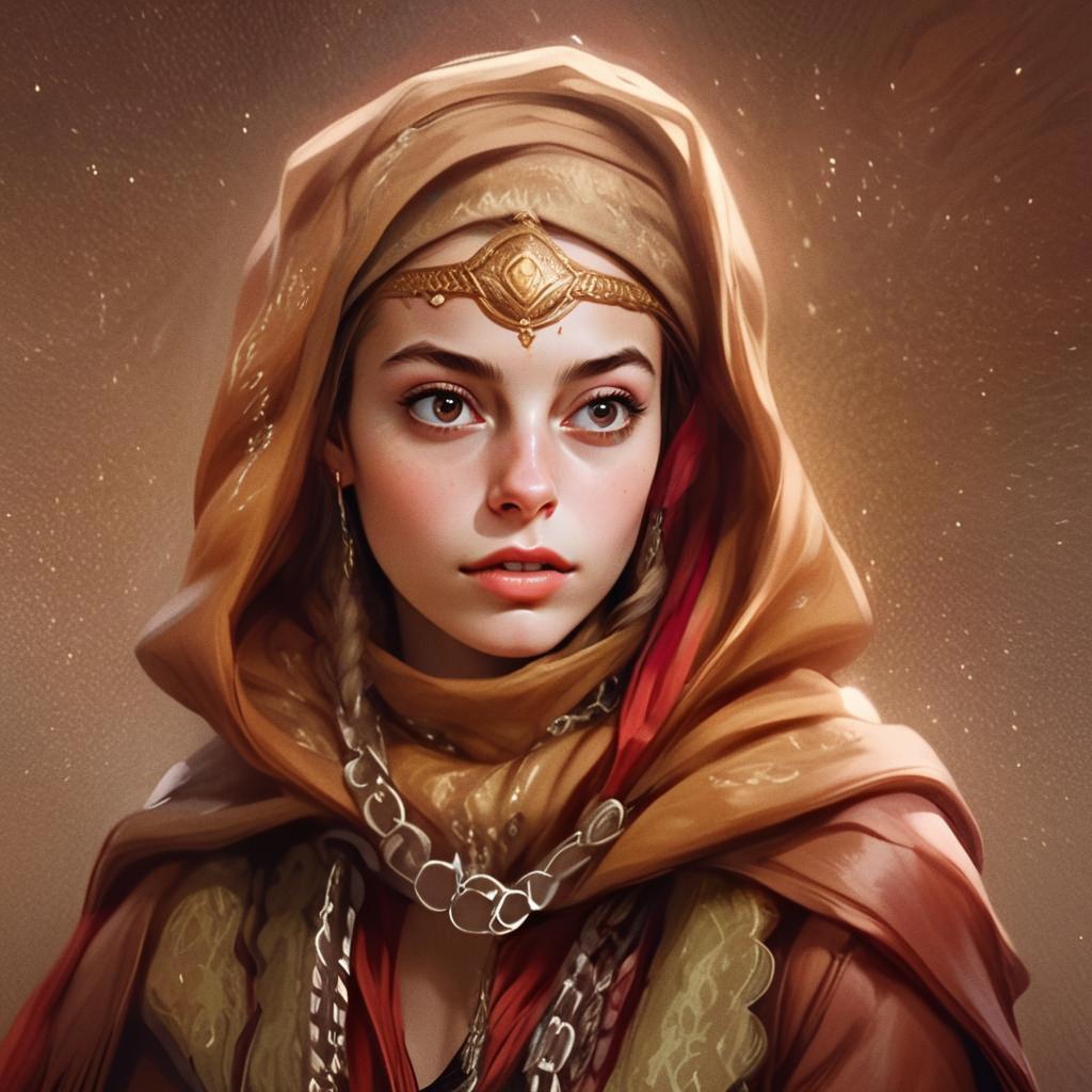 Medieval Style Portrait of Woman in Golden Headpiece and Earthy Toned Garments