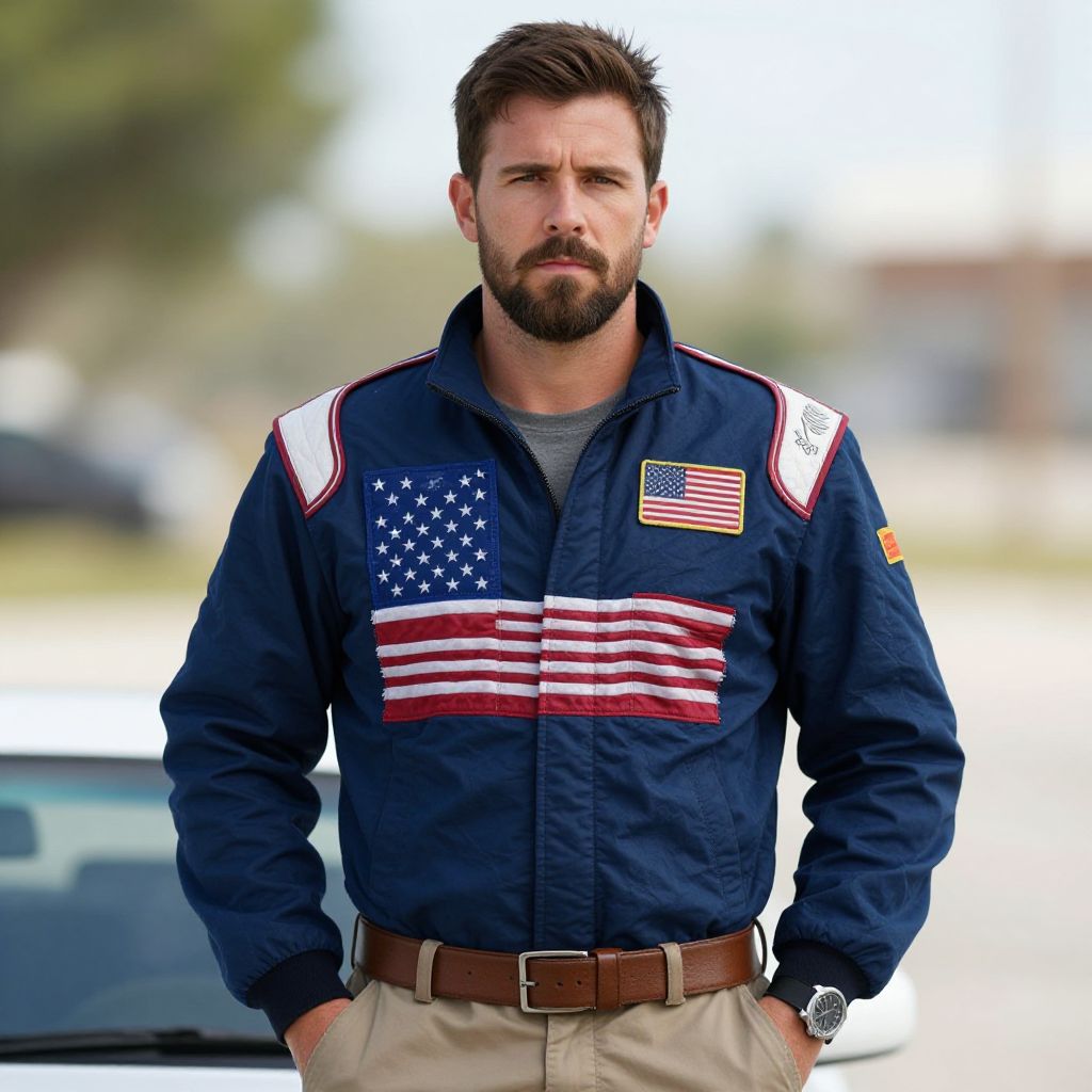Man in American Flag Racing Jacket Outdoor Portrait
