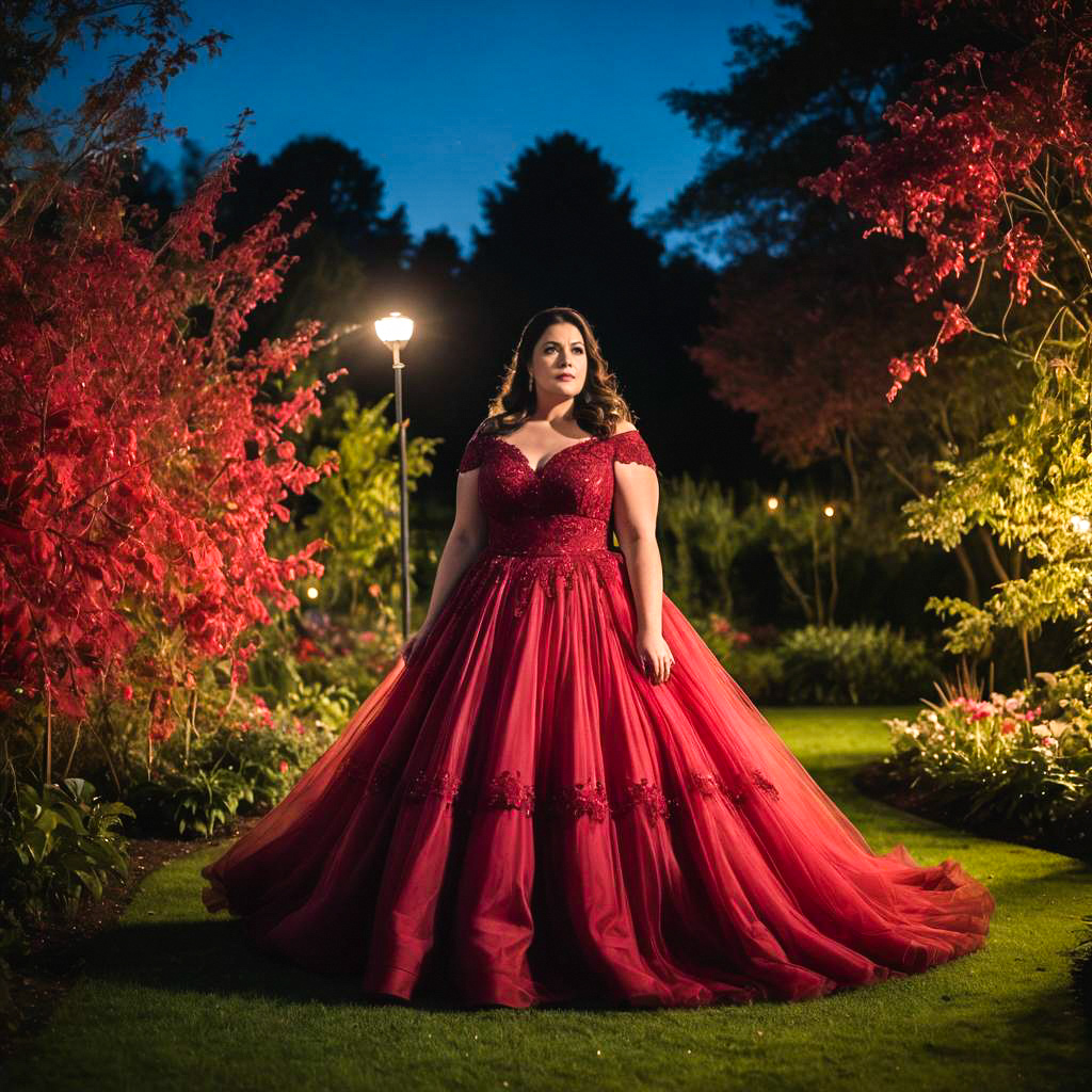 Elegant Woman in Red Gown in Enchanted Garden