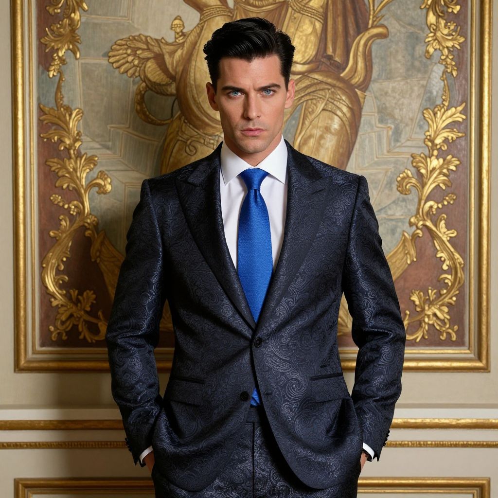 Man in Patterned Tuxedo With Blue Tie in Luxurious Setting