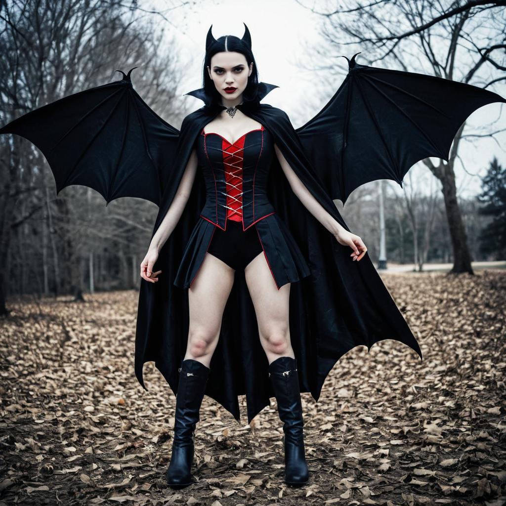 Gothic Woman with Bat Wings in Outdoor Setting